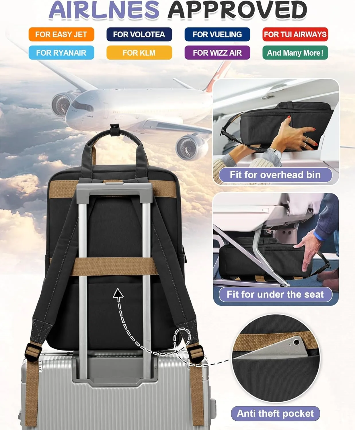 Large Black Backpack for Women, Classic Basic Waterproof High School Bookbag, Lightweight Casual Travel Daypack, College Backpack Men, Middle School Bag for Girls Boys
