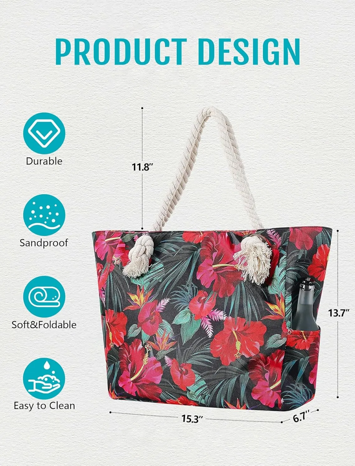Large Canvas Beach Tote Bag Waterproof Sand proof for Women Her Swim,Travel,Shopping,Gym,Cruise Essentials Gear