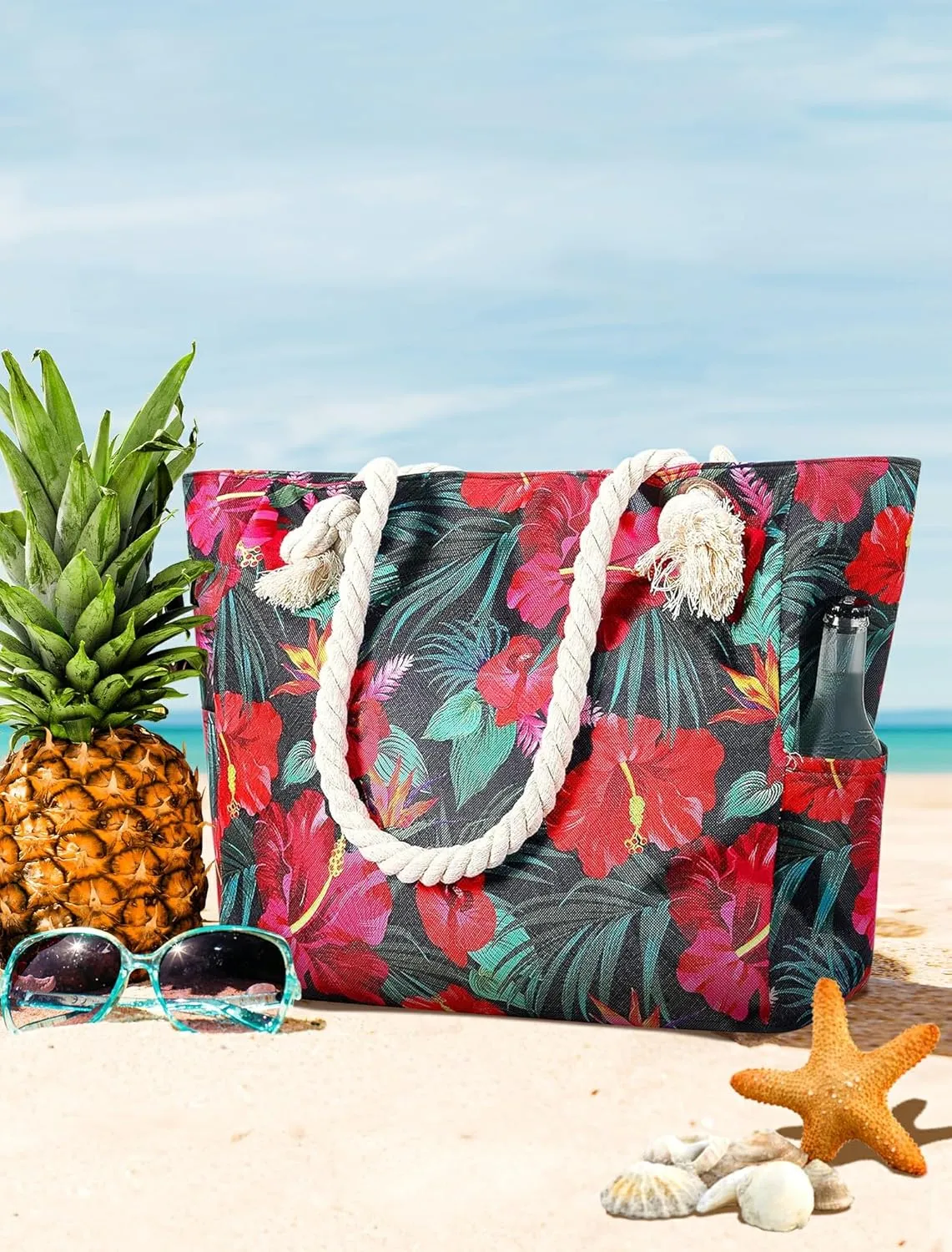 Large Canvas Beach Tote Bag Waterproof Sand proof for Women Her Swim,Travel,Shopping,Gym,Cruise Essentials Gear