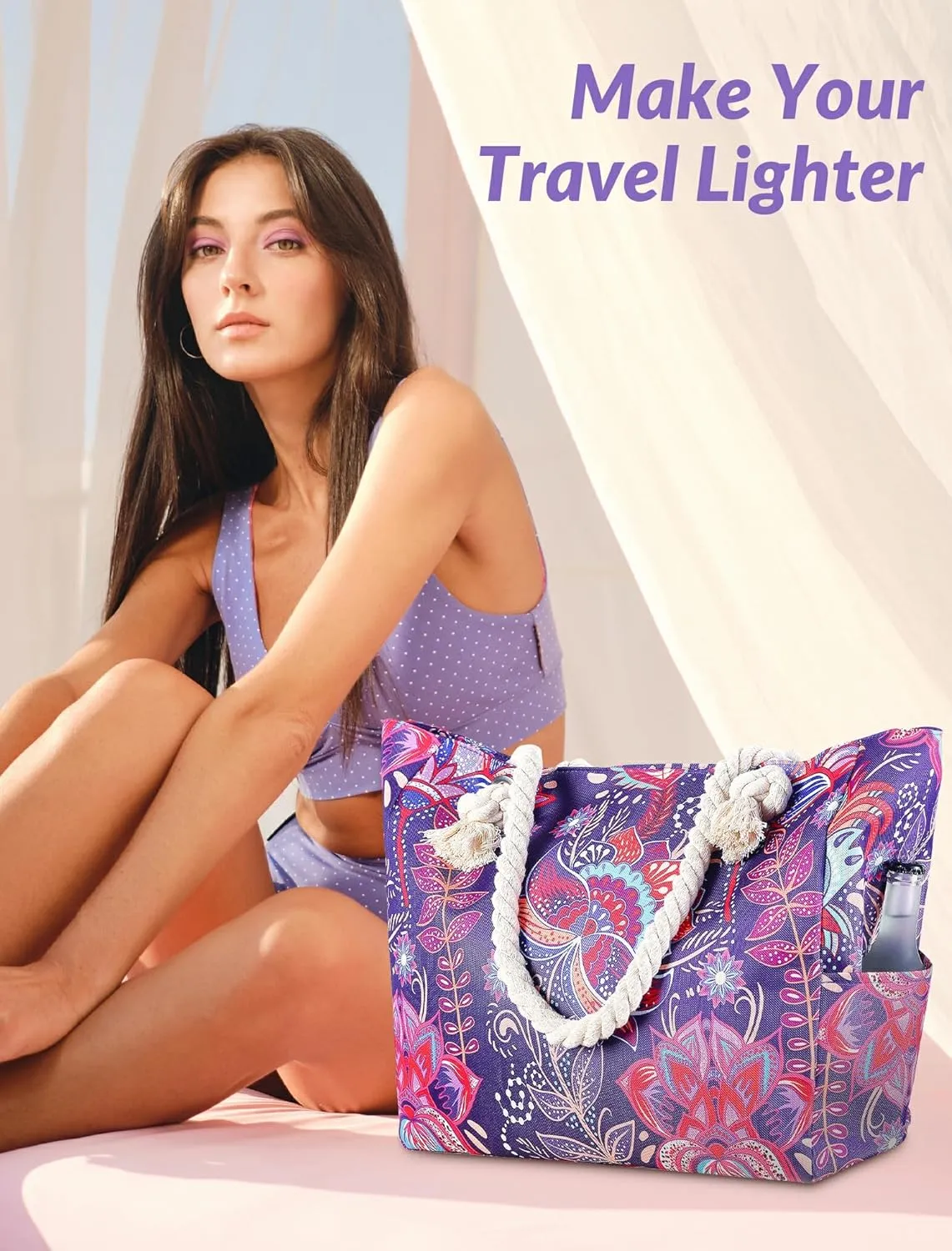 Large Canvas Beach Tote Bag Waterproof Sand proof for Women Her Swim,Travel,Shopping,Gym,Cruise Essentials Gear