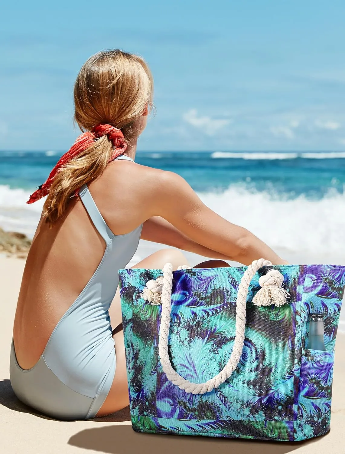 Large Canvas Beach Tote Bag Waterproof Sand proof for Women Her Swim,Travel,Shopping,Gym,Cruise Essentials Gear