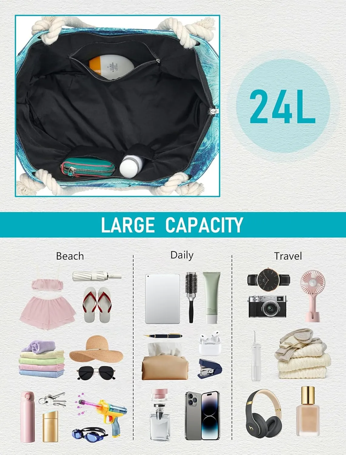 Large Canvas Beach Tote Bag Waterproof Sand proof for Women Her Swim,Travel,Shopping,Gym,Cruise Essentials Gear