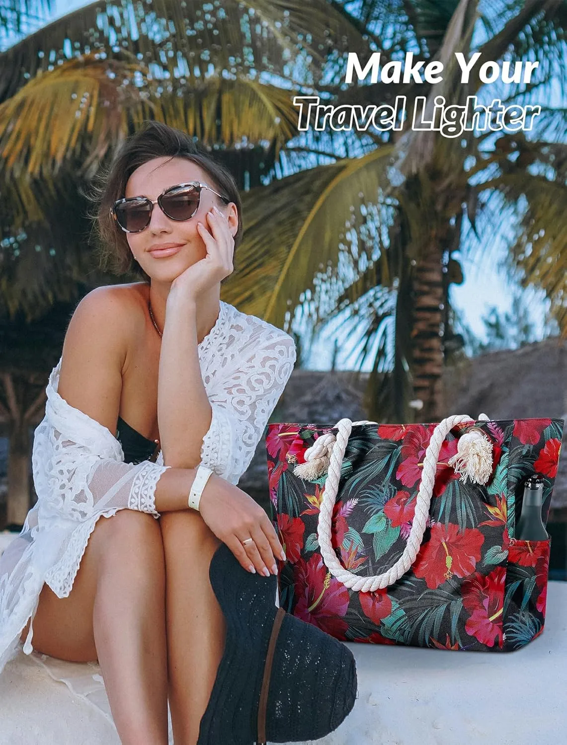 Large Canvas Beach Tote Bag Waterproof Sand proof for Women Her Swim,Travel,Shopping,Gym,Cruise Essentials Gear