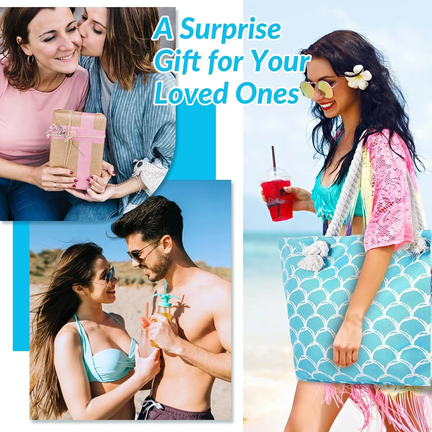 Large Canvas Beach Tote Bag with Zipper Waterproof for Women Swim Travel Swim Pool Shopping Cruise Essentials Gifts
