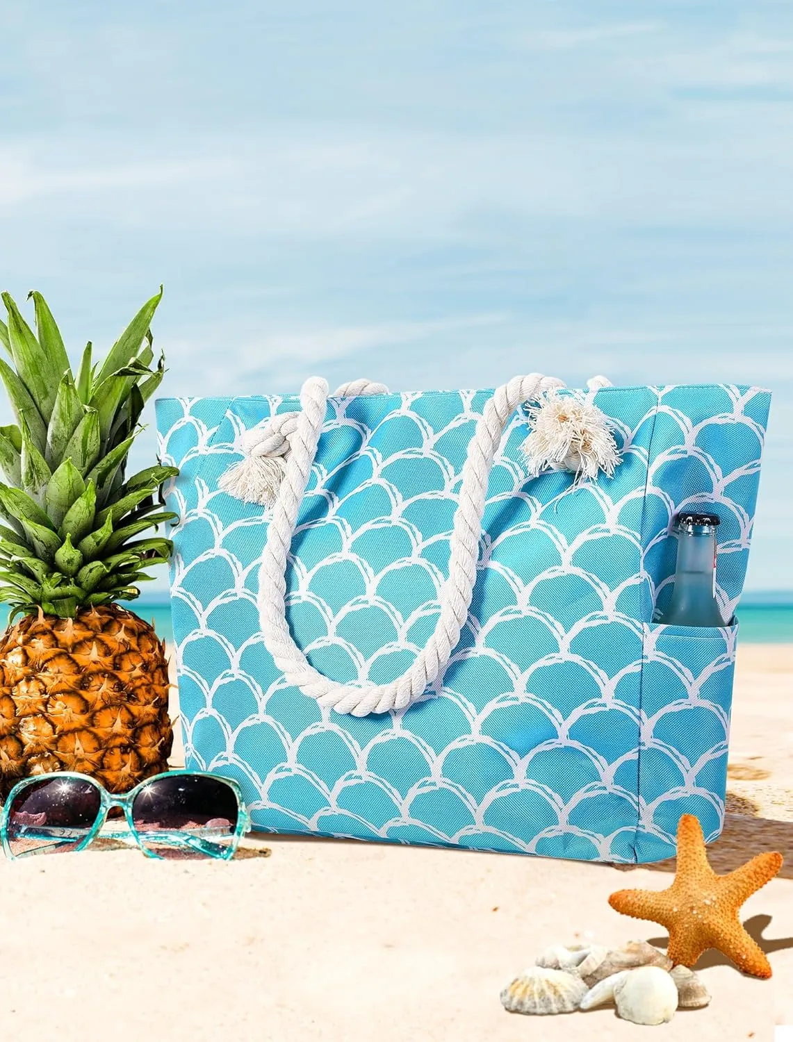 Large Canvas Beach Tote Bag with Zipper Waterproof for Women Swim Travel Swim Pool Shopping Cruise Essentials Gifts