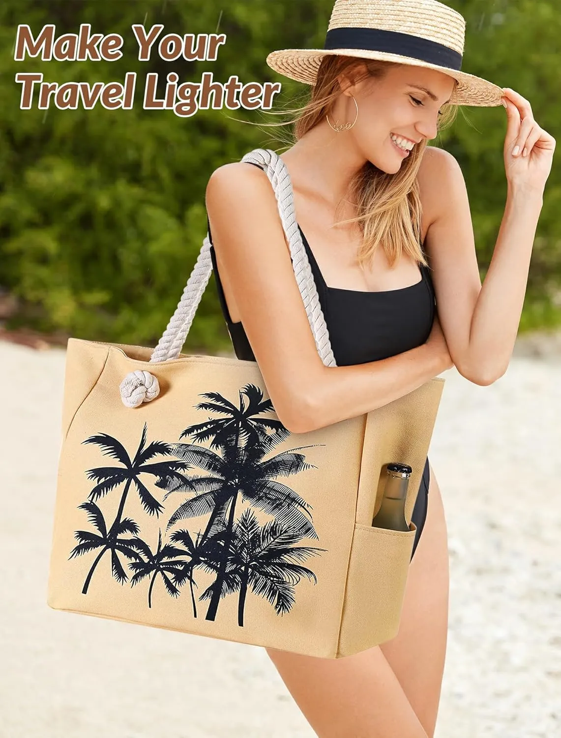 Large Canvas Beach Tote Bag with Zipper Waterproof for Women Swim Travel Swim Pool Shopping Cruise Essentials Gifts