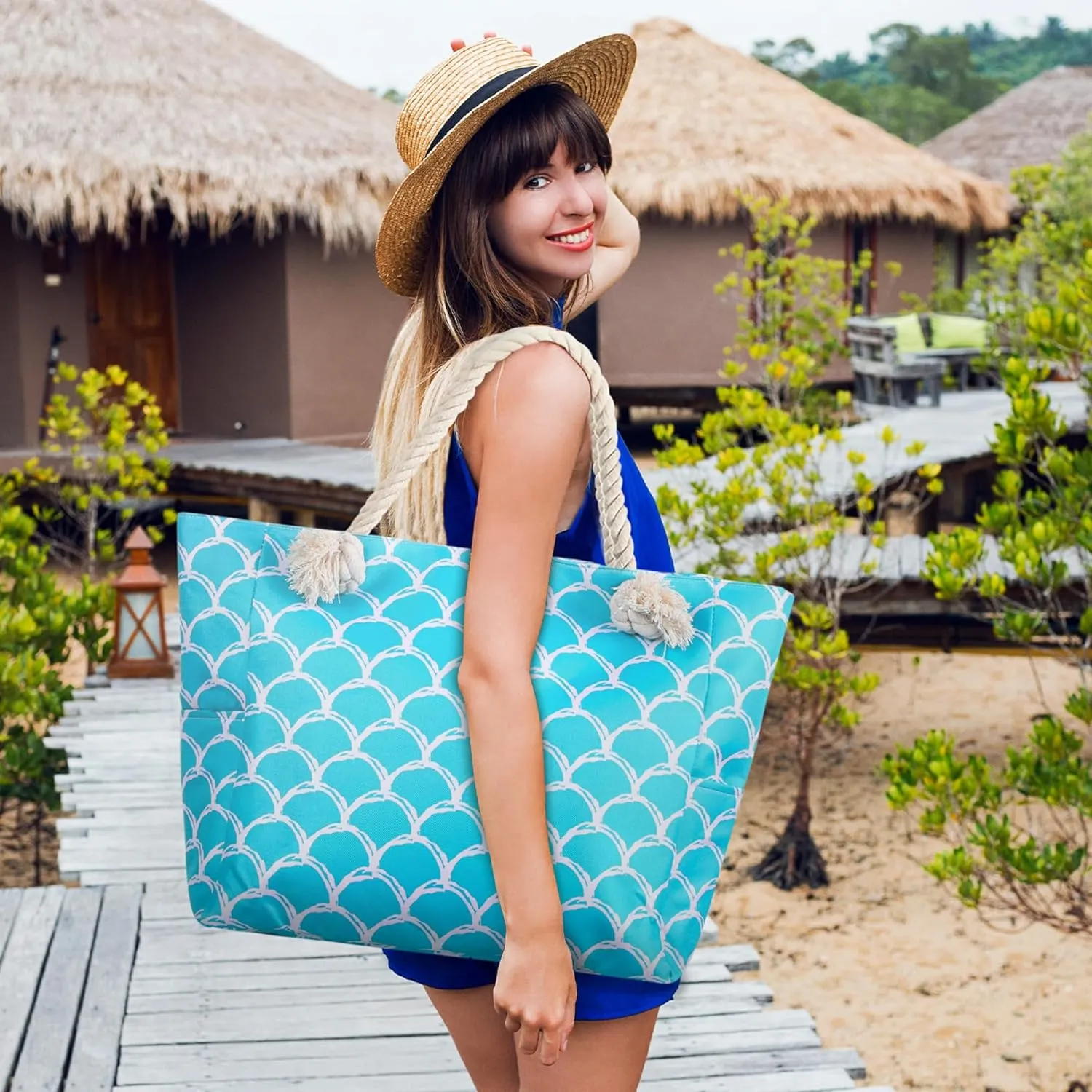 Large Canvas Beach Tote Bag with Zipper Waterproof for Women Swim Travel Swim Pool Shopping Cruise Essentials Gifts