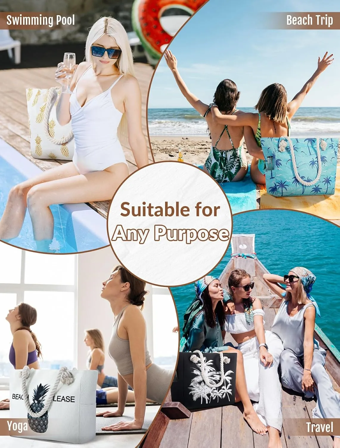 Large Canvas Beach Tote Bag with Zipper Waterproof for Women Swim Travel Swim Pool Shopping Cruise Essentials Gifts