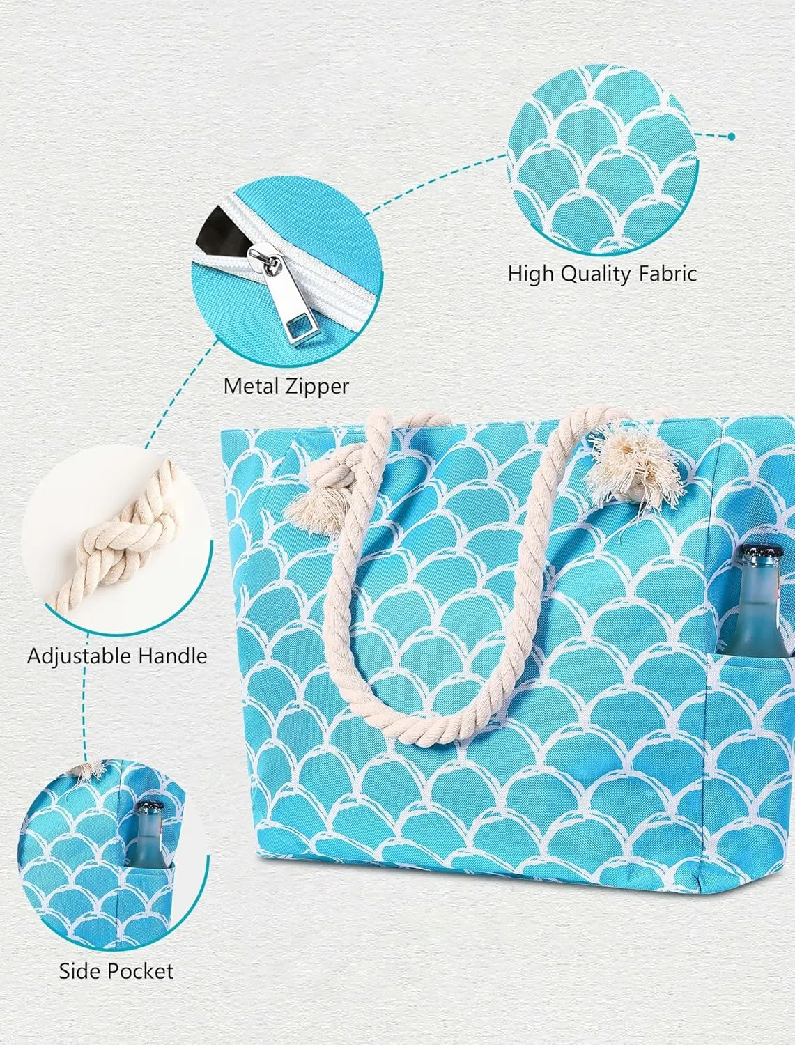 Large Canvas Beach Tote Bag with Zipper Waterproof for Women Swim Travel Swim Pool Shopping Cruise Essentials Gifts