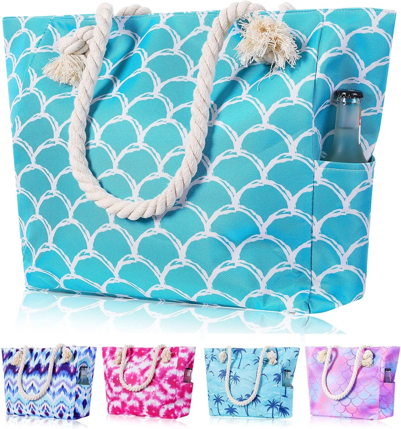 Large Canvas Beach Tote Bag with Zipper Waterproof for Women Swim Travel Swim Pool Shopping Cruise Essentials Gifts