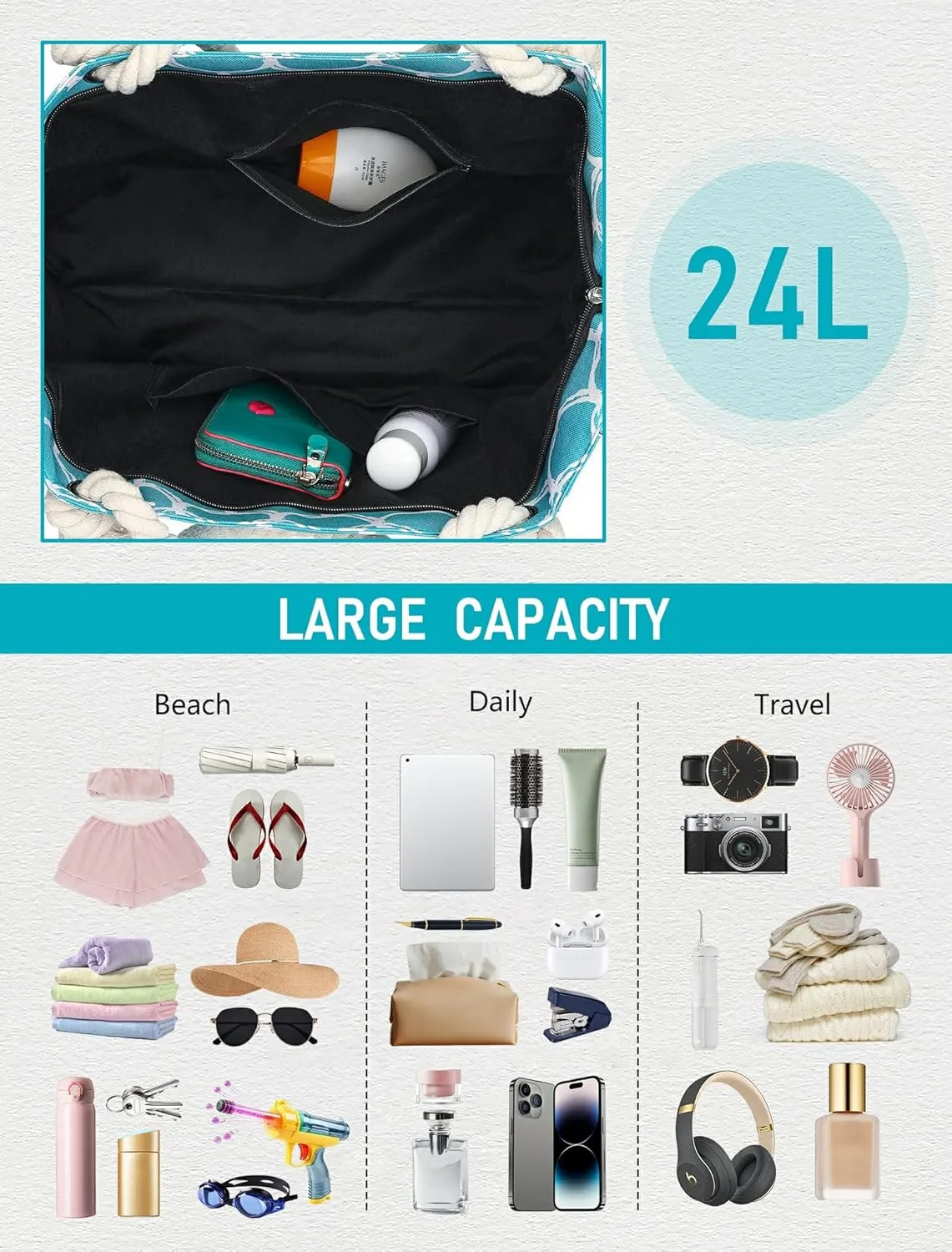Large Canvas Beach Tote Bag with Zipper Waterproof for Women Swim Travel Swim Pool Shopping Cruise Essentials Gifts
