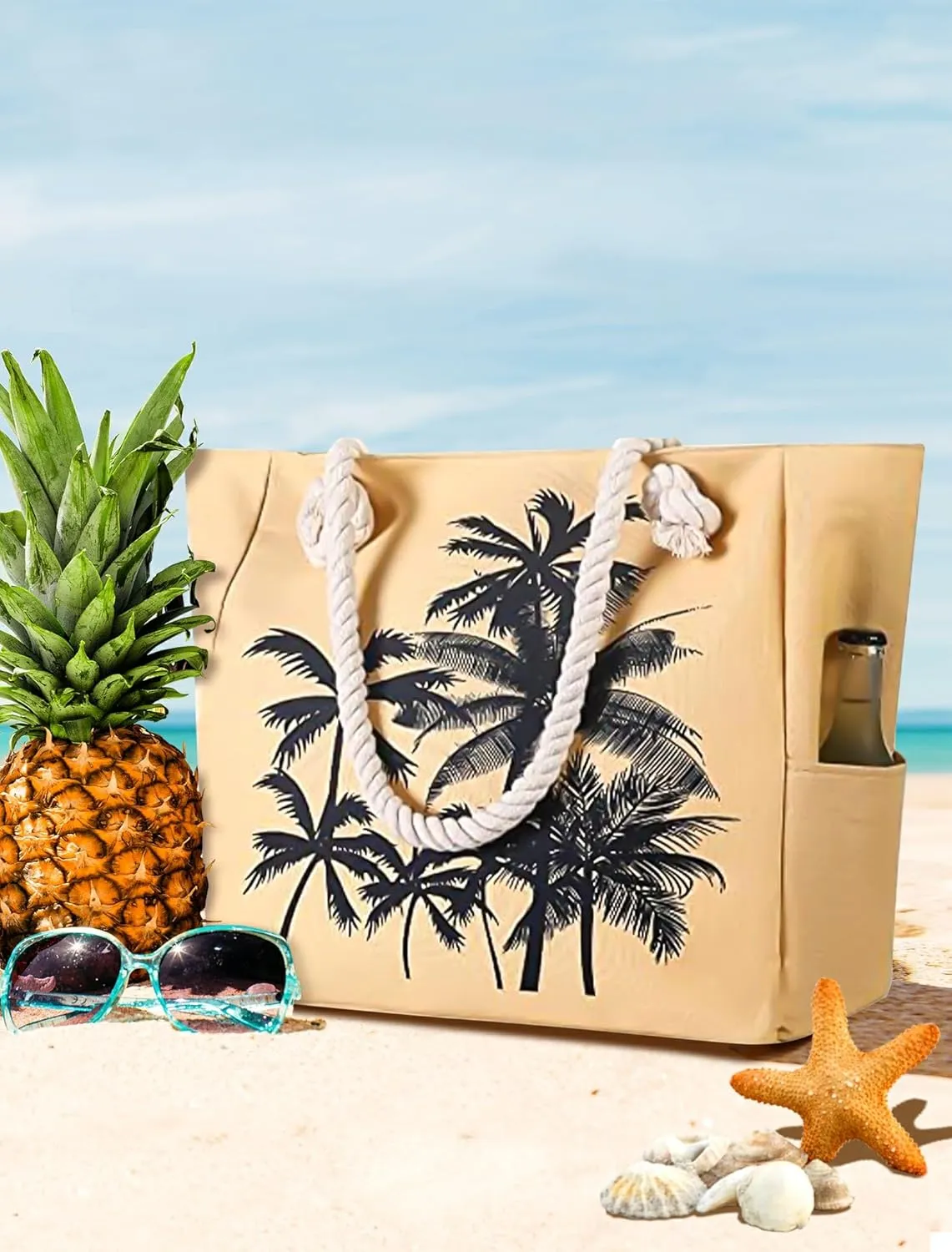 Large Canvas Beach Tote Bag with Zipper Waterproof for Women Swim Travel Swim Pool Shopping Cruise Essentials Gifts