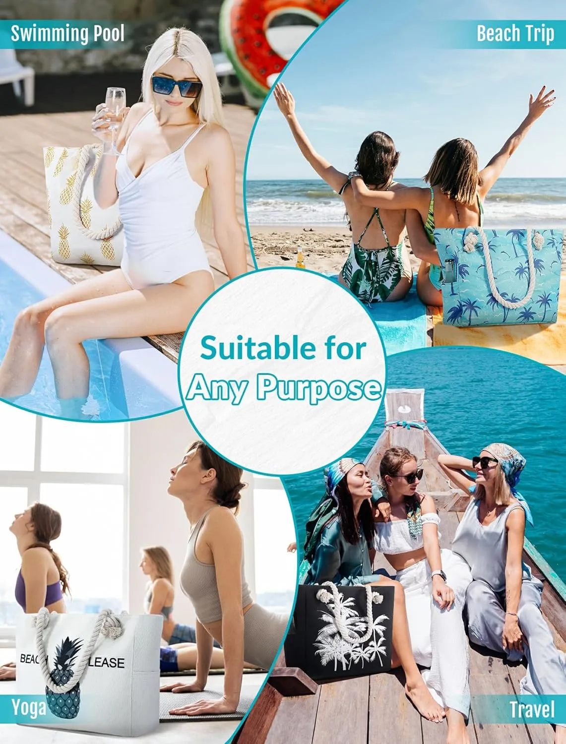 Large Canvas Beach Tote Bag with Zipper Waterproof for Women Swim Travel Swim Pool Shopping Cruise Essentials Gifts