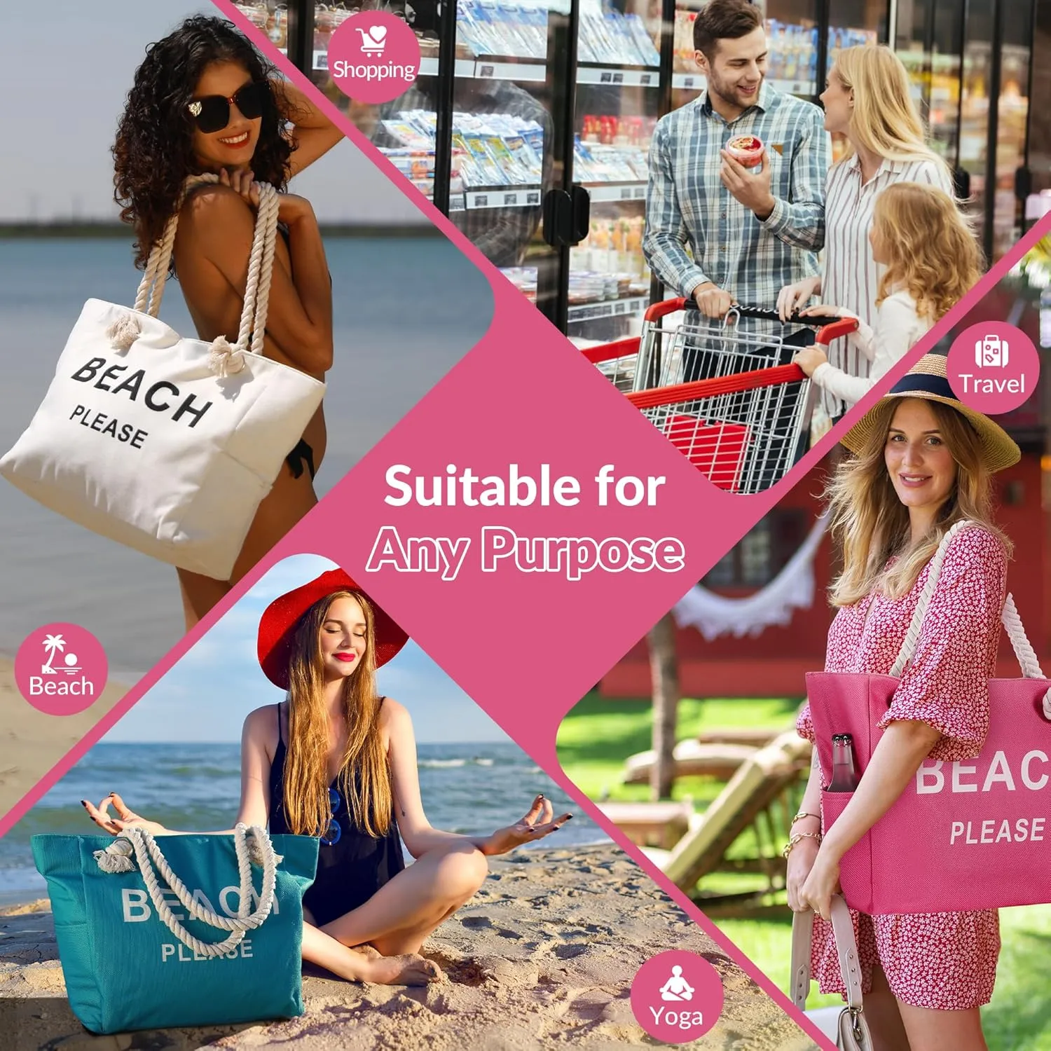 Large Canvas Beach Tote Bag with Zipper Women Swim, Travel, Shopping, Gym and Beach Holiday Cruise Essentials
