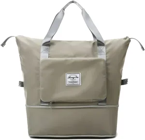 Large Capacity Folding Travel Bag, Portable Foldable Lightweight Waterproof Oxford Fabric Dry&Wet Separation Sports Shoulder Bag Suitable for Flying Traveling (Neutral gray), 16.5x15.7x8.6in