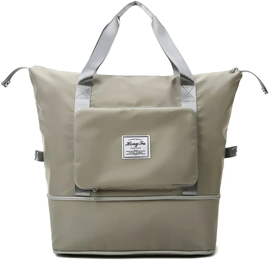 Large Capacity Folding Travel Bag, Portable Foldable Lightweight Waterproof Oxford Fabric Dry&Wet Separation Sports Shoulder Bag Suitable for Flying Traveling (Neutral gray), 16.5x15.7x8.6in