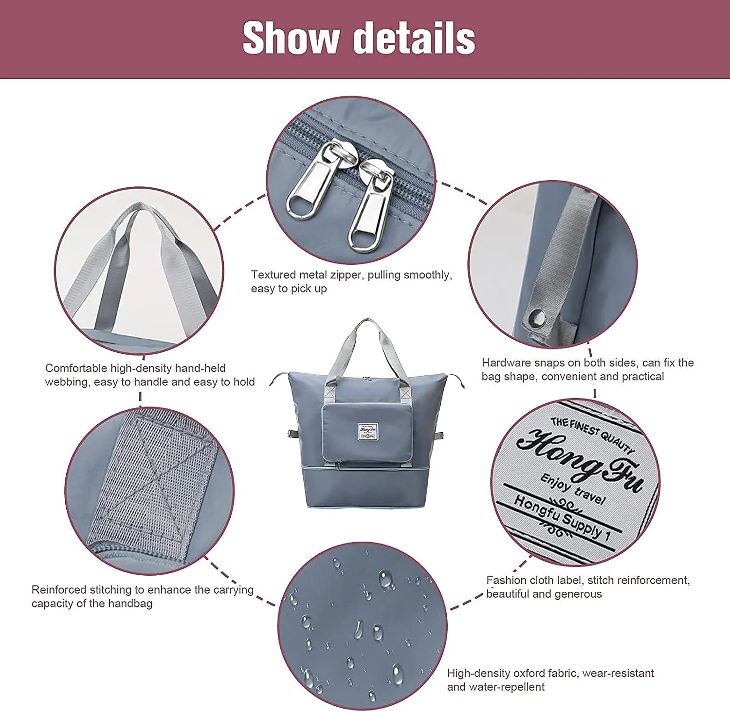 Large Capacity Folding Travel Bag,Travel Lightweight Waterproof Carry on Luggage Bags,Dry&Wet Separation Foldable Duffle Bag,Oxford Fabric Duffel Bag for Expandable Weekender Sports, Gym, Vacation (Fuchsia)