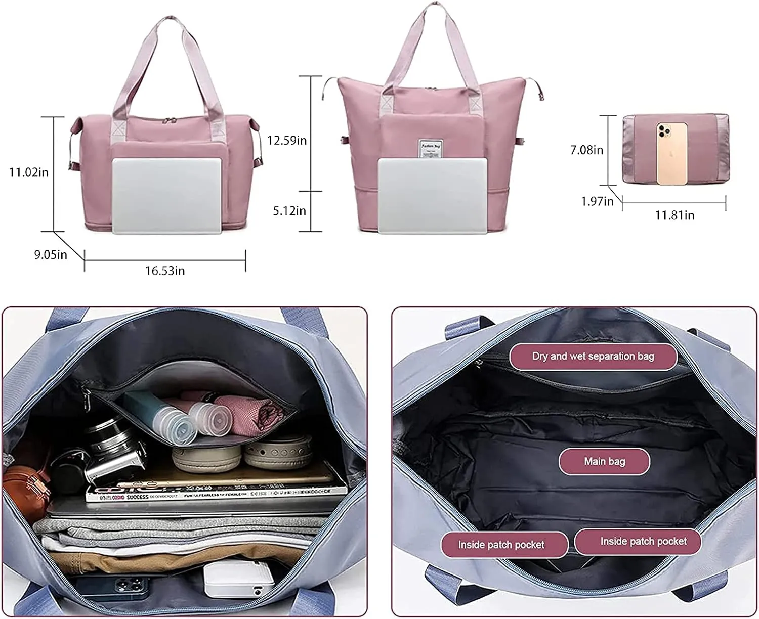 Large Capacity Folding Travel Bag,Travel Lightweight Waterproof Carry on Luggage Bags,Dry&Wet Separation Foldable Duffle Bag,Oxford Fabric Duffel Bag for Expandable Weekender Sports, Gym, Vacation (Fuchsia)