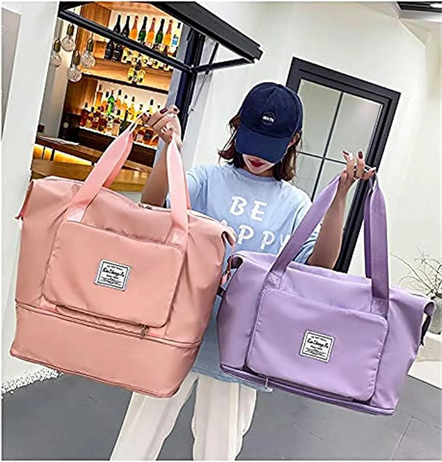 Large Capacity Folding Travel Bag,Travel Lightweight Waterproof Carry on Luggage Bags,Dry&Wet Separation Foldable Duffle Bag,Oxford Fabric Duffel Bag for Expandable Weekender Sports, Gym, Vacation (Fuchsia)