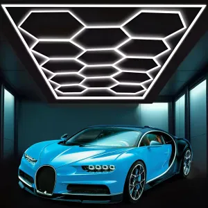 Large Hexagon Garage Lights 14 Hex Led Lights with Rectangle Frame Octagon Honeycomb Commercial Lighting for Garage Car Detailing Barber Shop Gym Warehouses Basement.