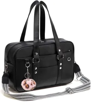 Large Japanese School Shoulder Bag,Faux Leather Tote Messenger Crossbody Bag with Pink Pompom Stripe Strap