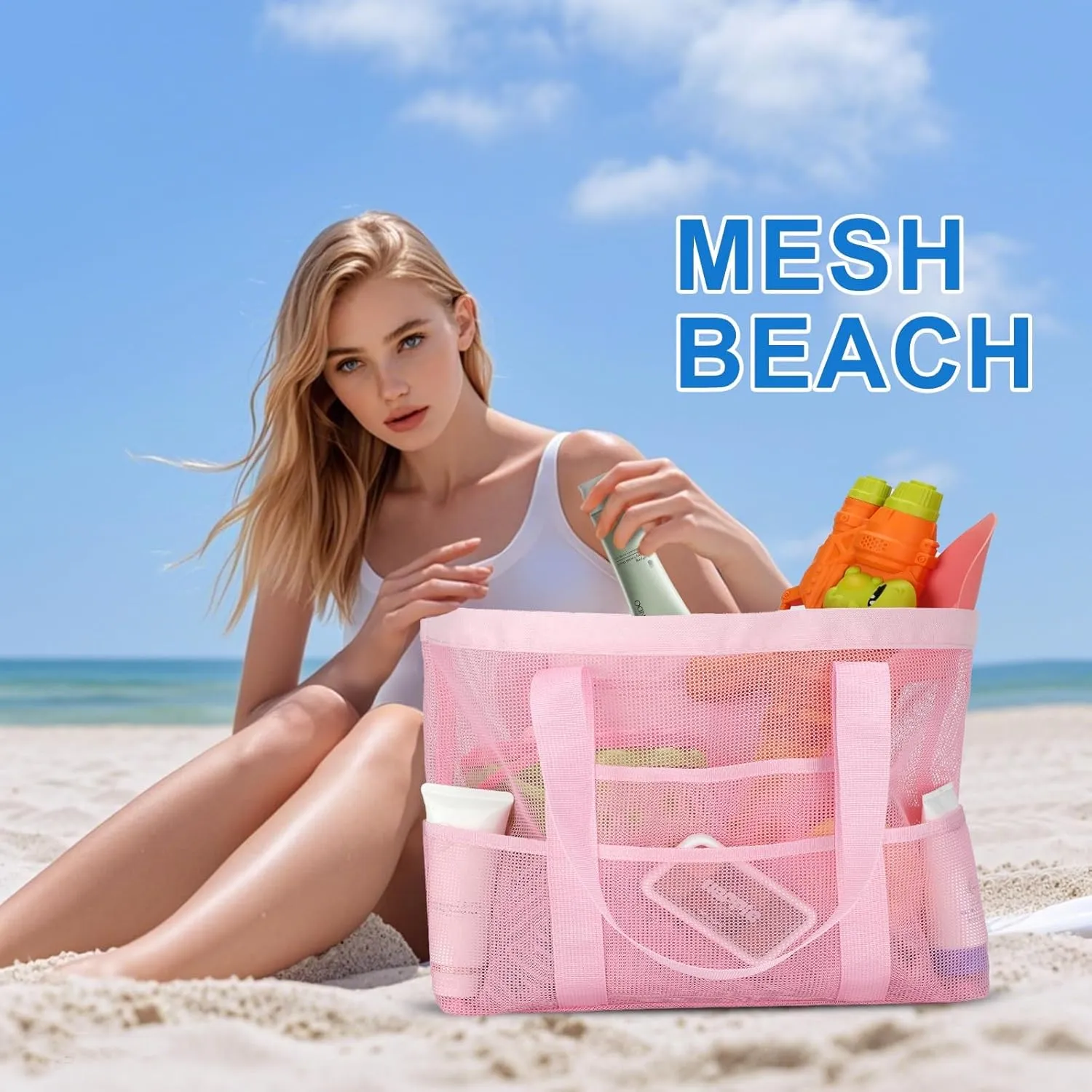 Large Mesh Beach Bag, Beach Tote Bags with 9 Pocket for Family