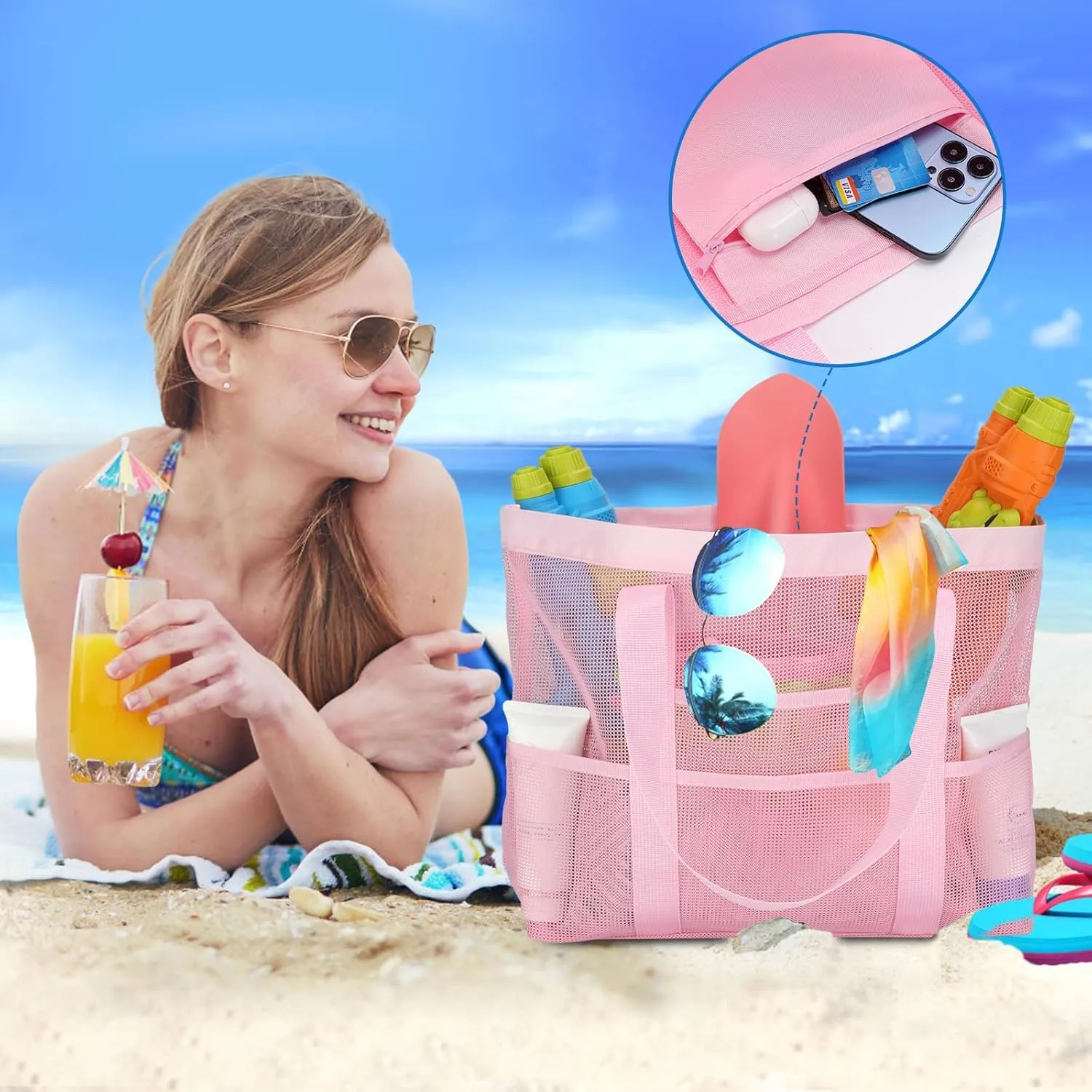 Large Mesh Beach Bag, Beach Tote Bags with 9 Pocket for Family