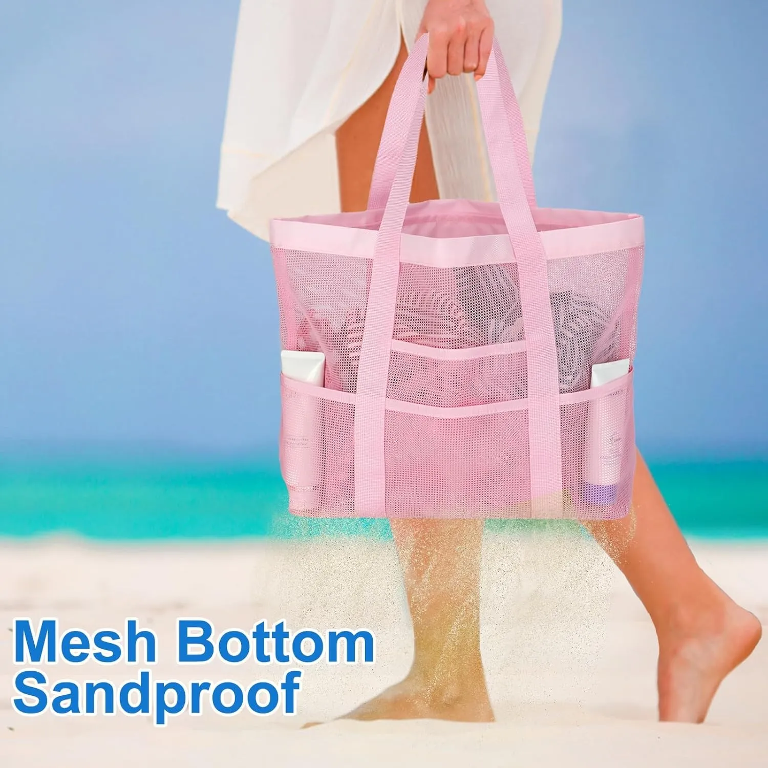 Large Mesh Beach Bag, Beach Tote Bags with 9 Pocket for Family