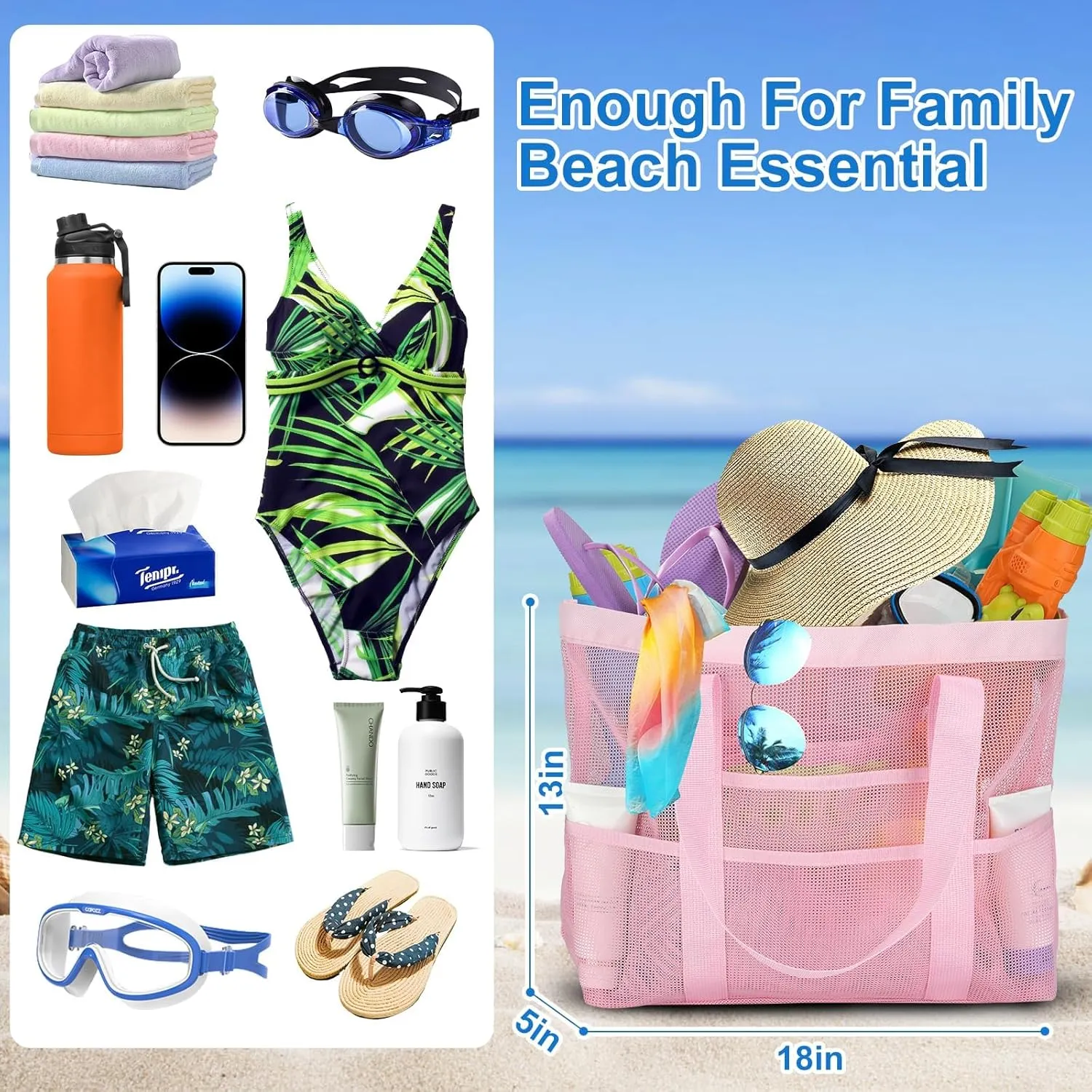 Large Mesh Beach Bag, Beach Tote Bags with 9 Pocket for Family