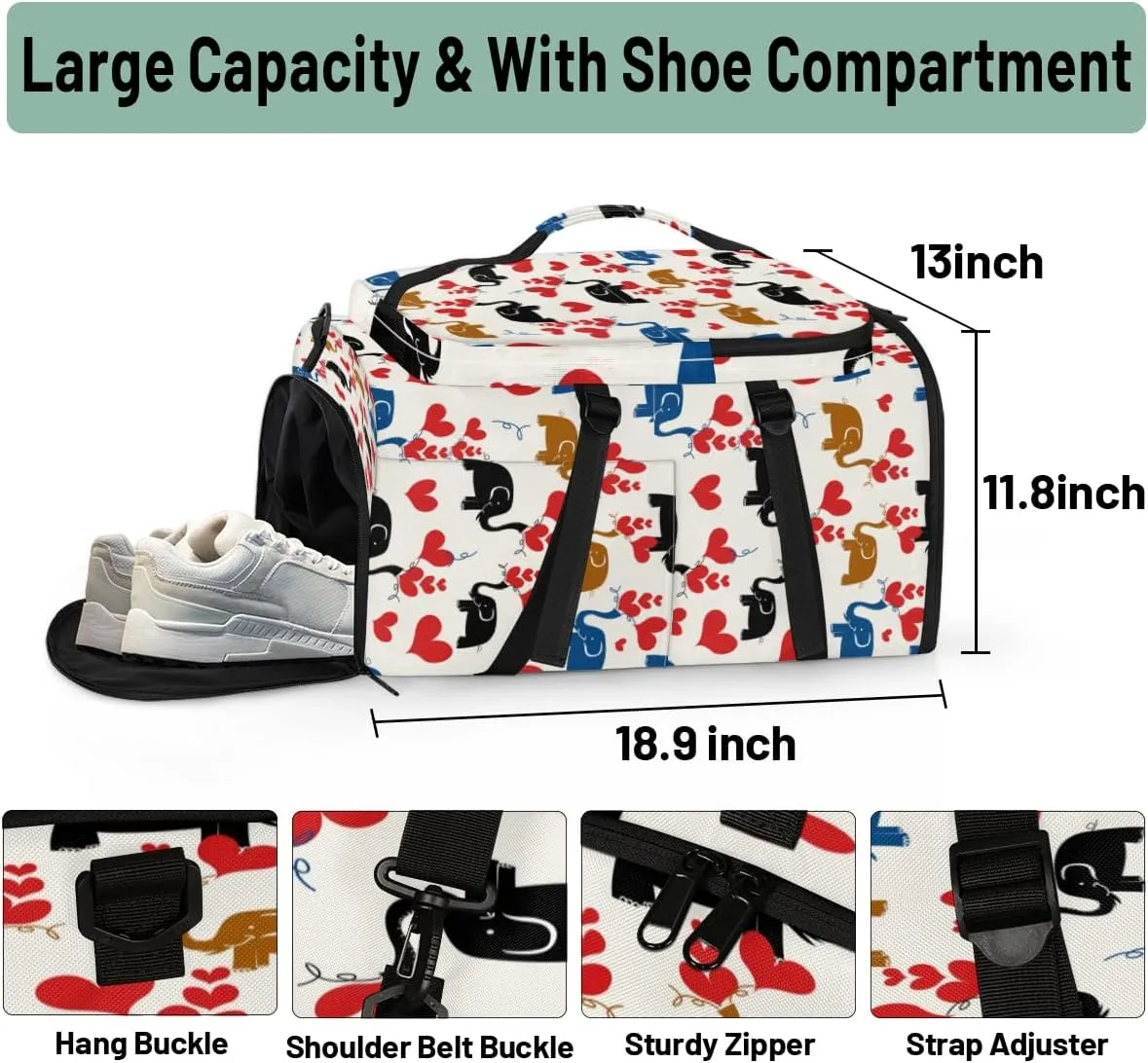 Large Sports Gym Bag With Shoe & Laptop Compartment 47L Waterproof Travel Duffel Bags for Men Women Animal Elephant Love Luggage Backpack Duffle Bag