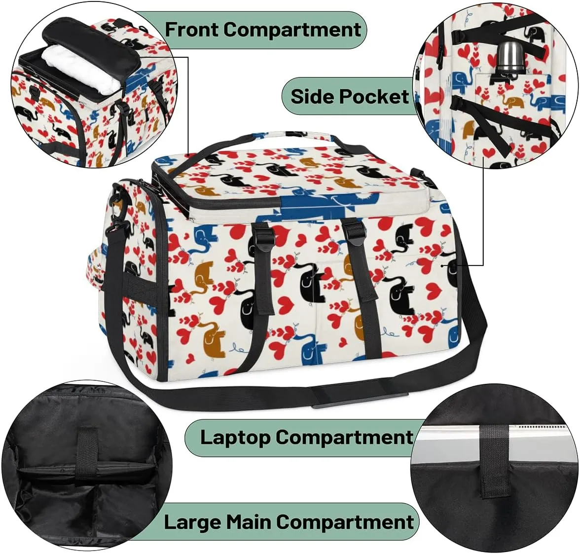 Large Sports Gym Bag With Shoe & Laptop Compartment 47L Waterproof Travel Duffel Bags for Men Women Animal Elephant Love Luggage Backpack Duffle Bag