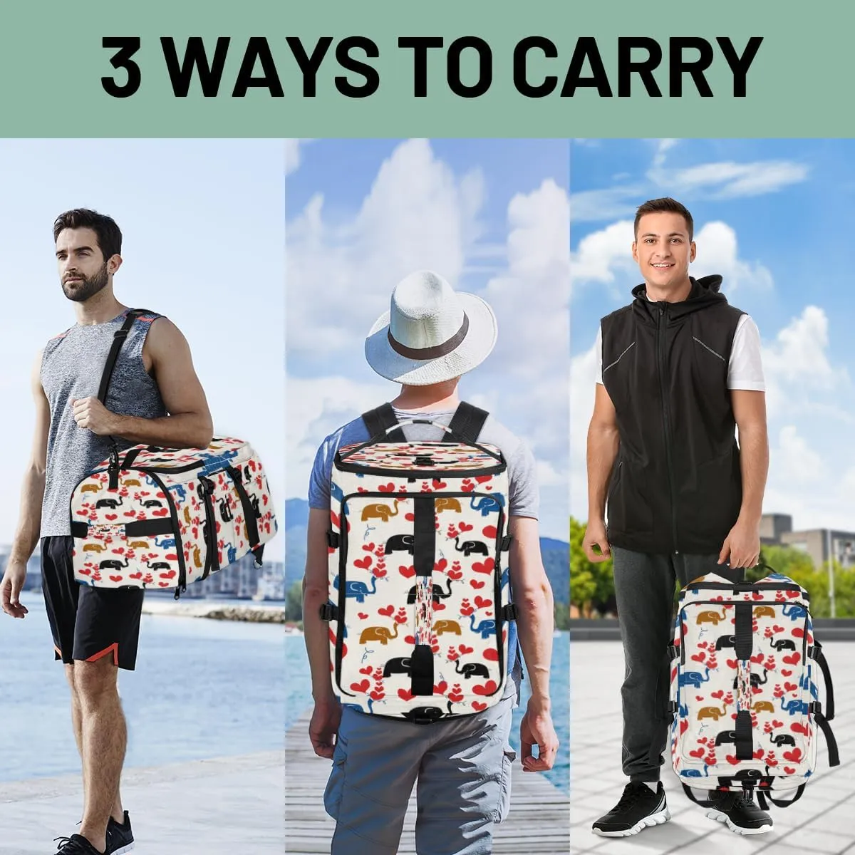 Large Sports Gym Bag With Shoe & Laptop Compartment 47L Waterproof Travel Duffel Bags for Men Women Animal Elephant Love Luggage Backpack Duffle Bag