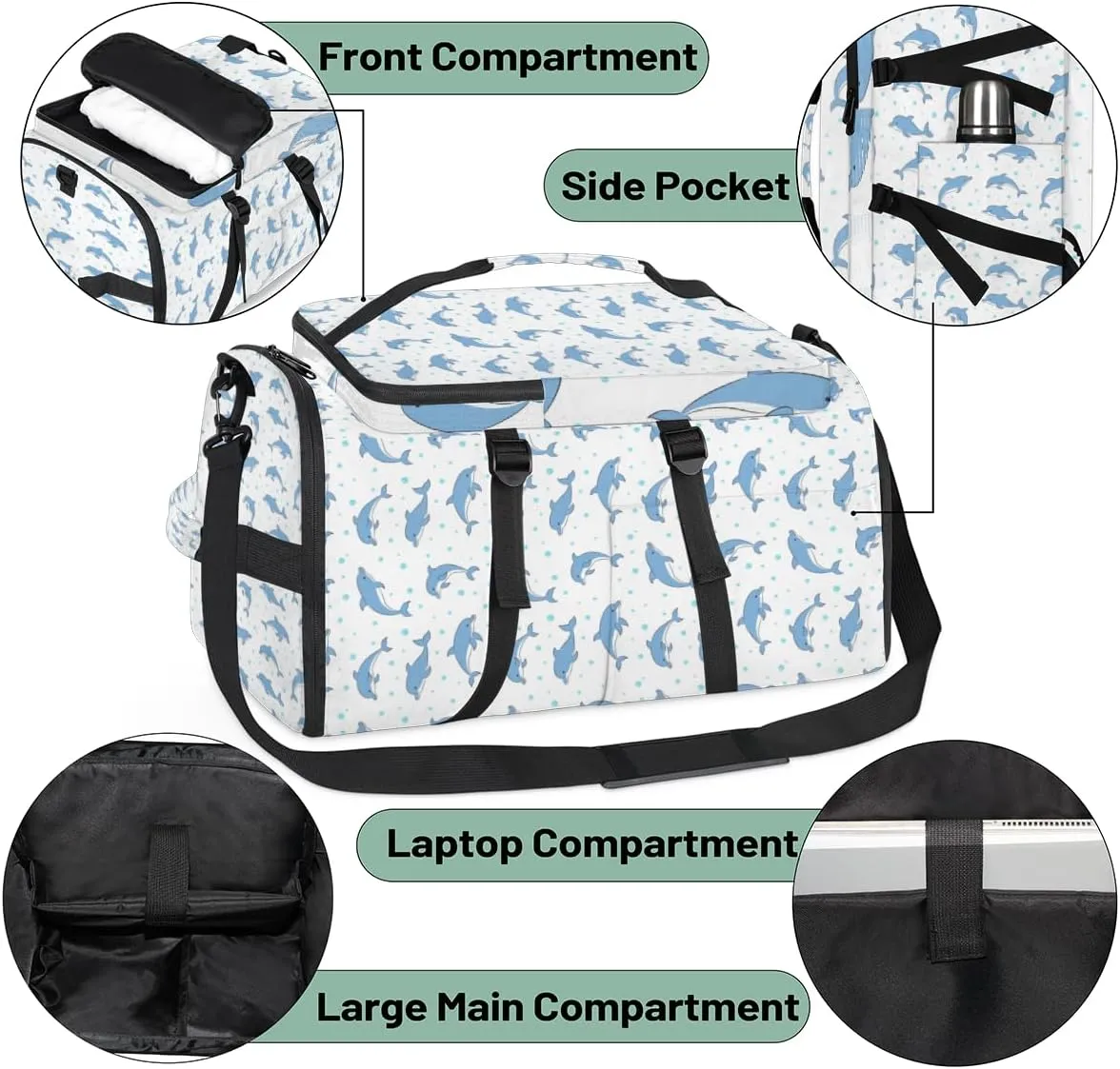 Large Sports Gym Bag With Shoe & Laptop Compartment 47L Waterproof Travel Duffel Bags for Men Women Cartoon Dolphins Animal Luggage Backpack Duffle Bag