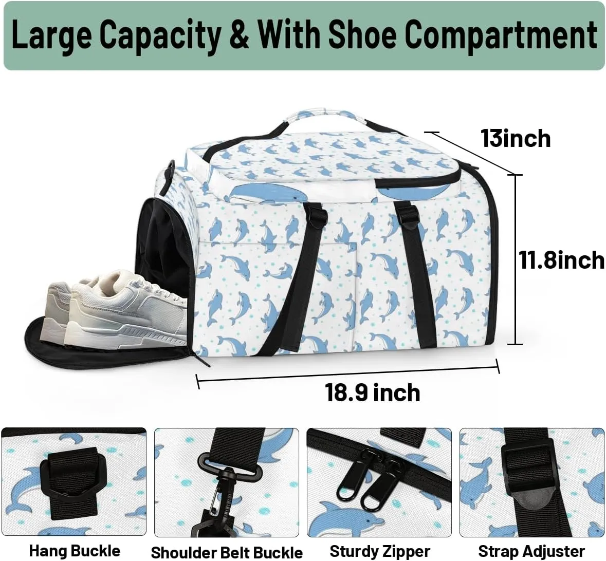 Large Sports Gym Bag With Shoe & Laptop Compartment 47L Waterproof Travel Duffel Bags for Men Women Cartoon Dolphins Animal Luggage Backpack Duffle Bag