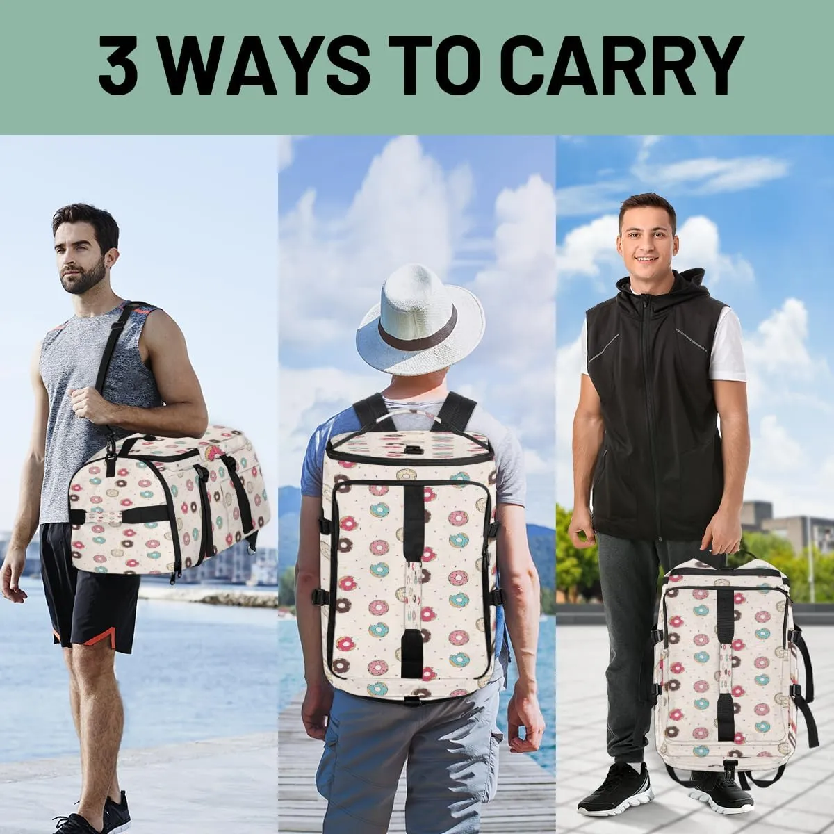 Large Sports Gym Bag With Shoe & Laptop Compartment 47L Waterproof Travel Duffel Bags for Men Women Cartoon Donut Food Luggage Backpack Duffle Bag