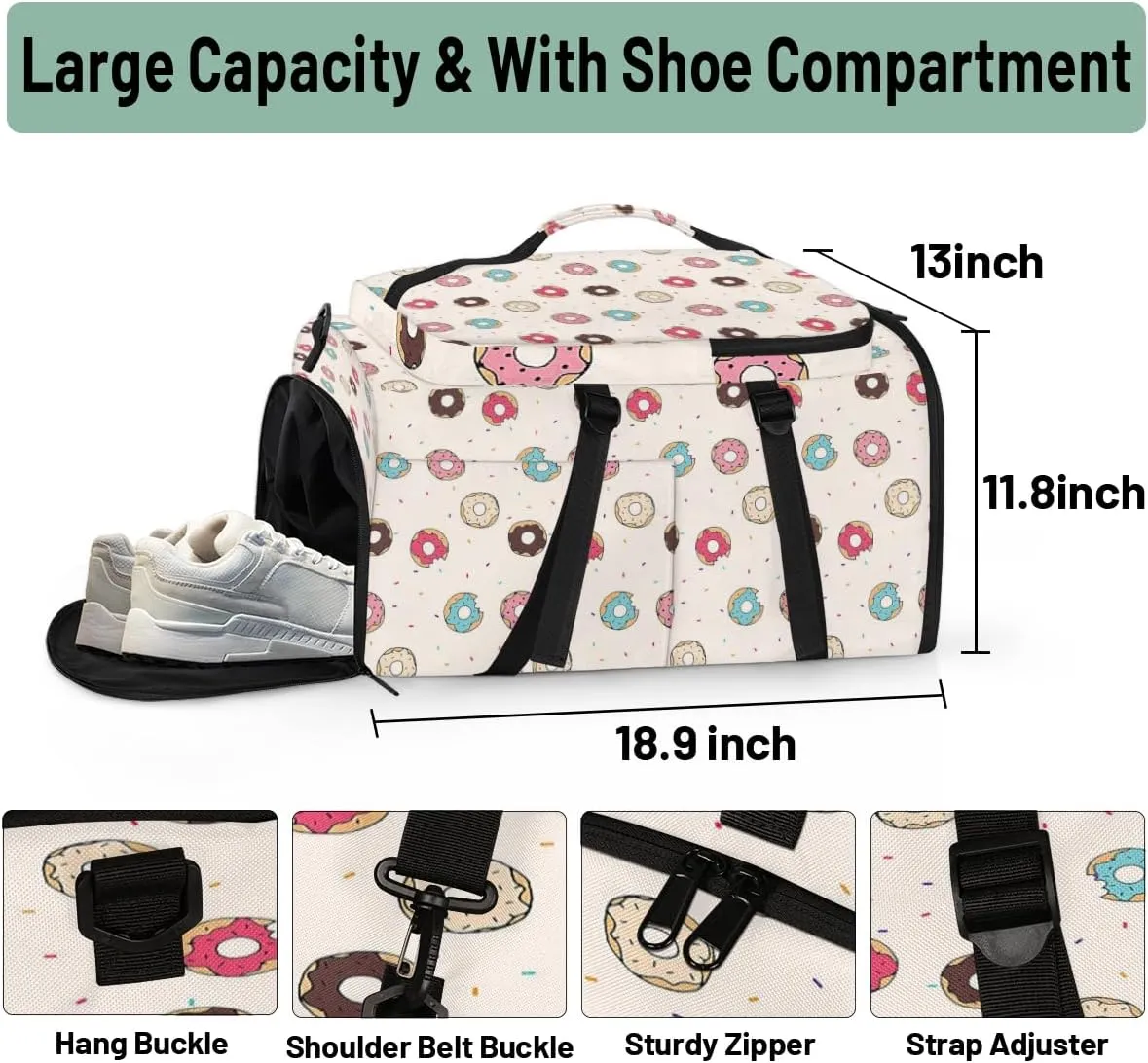Large Sports Gym Bag With Shoe & Laptop Compartment 47L Waterproof Travel Duffel Bags for Men Women Cartoon Donut Food Luggage Backpack Duffle Bag