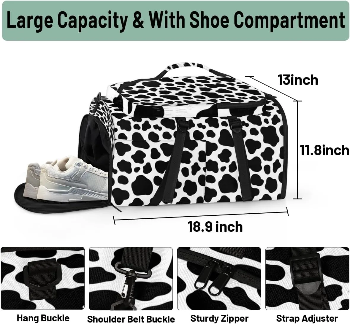 Large Sports Gym Bag With Shoe & Laptop Compartment 47L Waterproof Travel Duffel Bags for Men Women Cow Black Print Luggage Backpack Duffle Bag