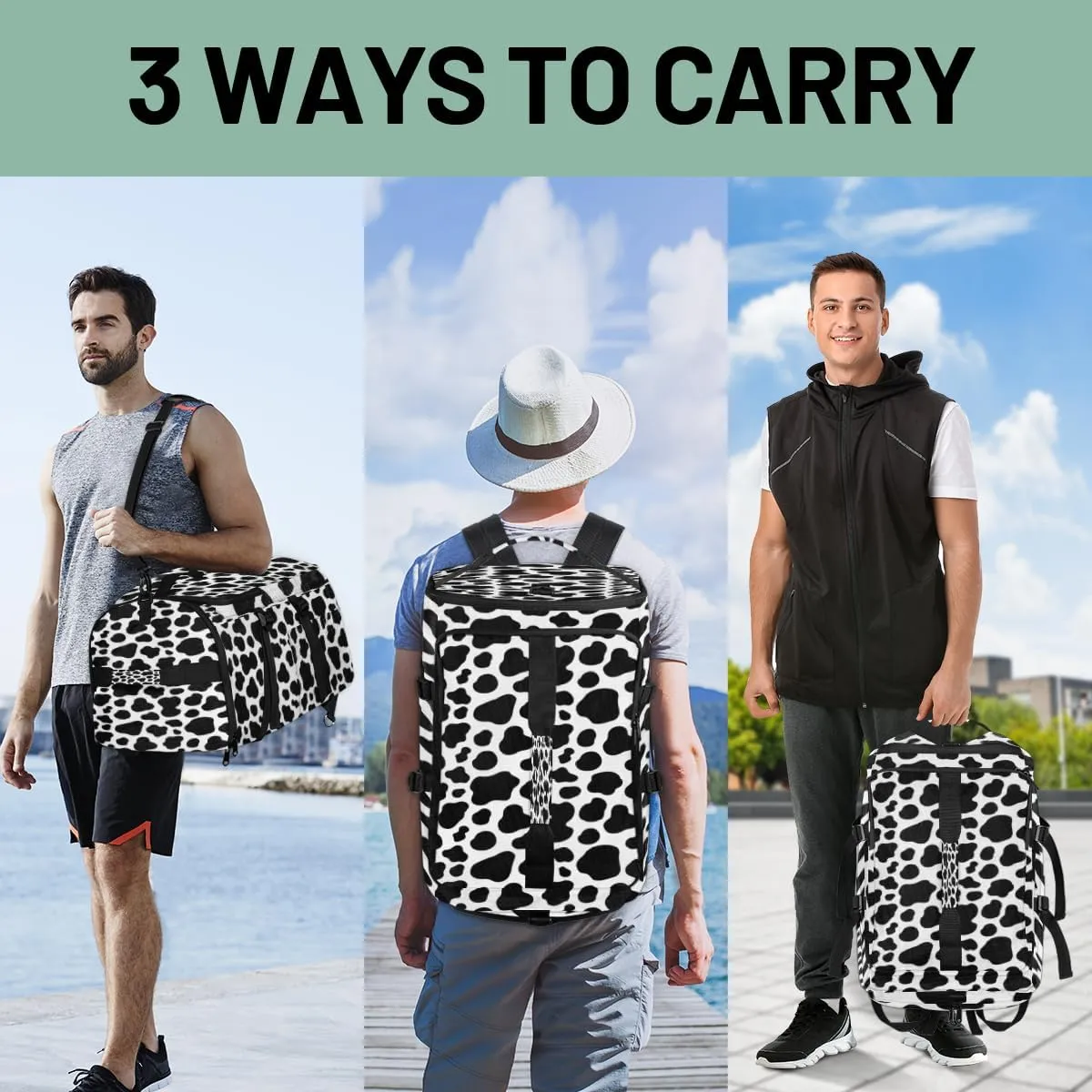 Large Sports Gym Bag With Shoe & Laptop Compartment 47L Waterproof Travel Duffel Bags for Men Women Cow Black Print Luggage Backpack Duffle Bag