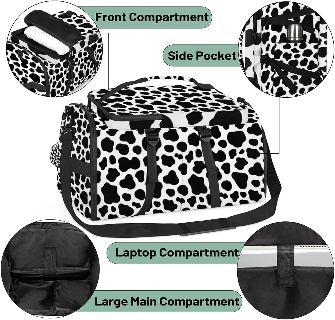 Large Sports Gym Bag With Shoe & Laptop Compartment 47L Waterproof Travel Duffel Bags for Men Women Cow Black Print Luggage Backpack Duffle Bag