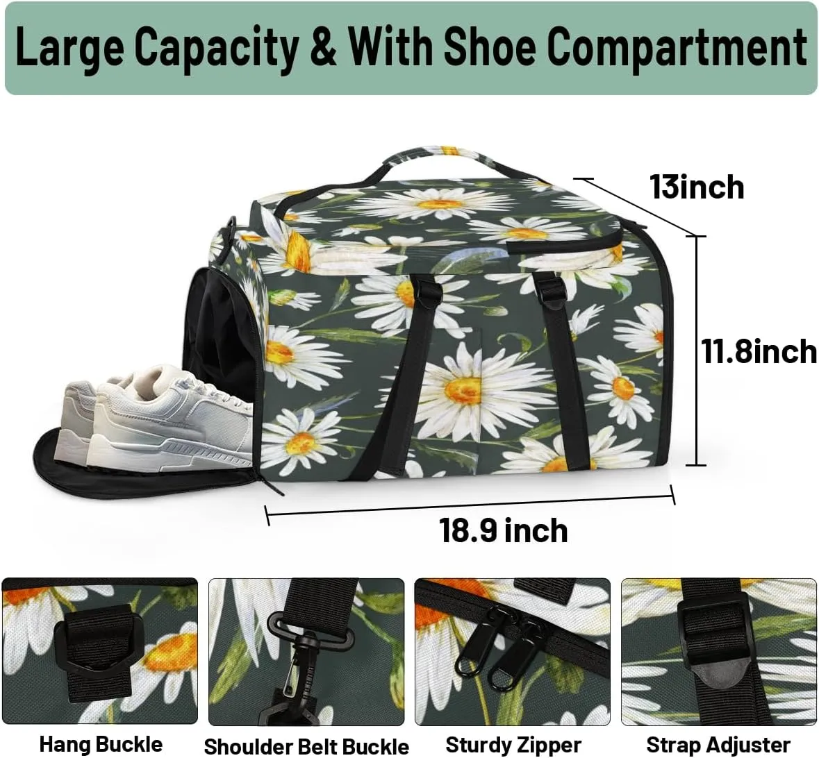 Large Sports Gym Bag With Shoe & Laptop Compartment 47L Waterproof Travel Duffel Bags for Men Women Cute Daisies Luggage Backpack Duffle Bag