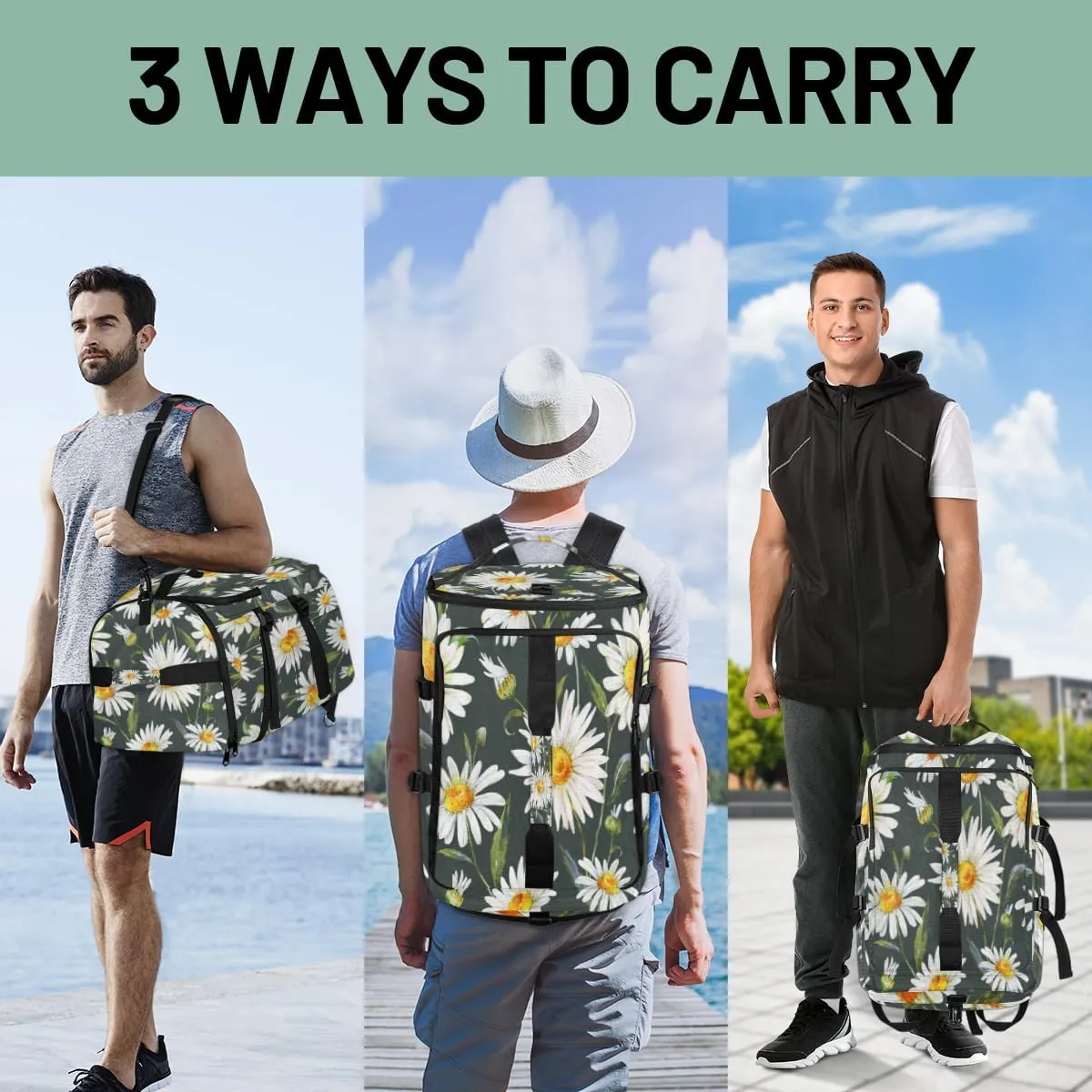 Large Sports Gym Bag With Shoe & Laptop Compartment 47L Waterproof Travel Duffel Bags for Men Women Cute Daisies Luggage Backpack Duffle Bag