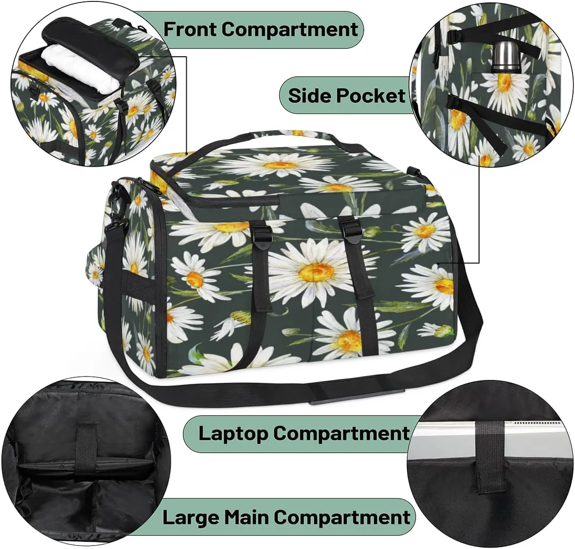 Large Sports Gym Bag With Shoe & Laptop Compartment 47L Waterproof Travel Duffel Bags for Men Women Cute Daisies Luggage Backpack Duffle Bag