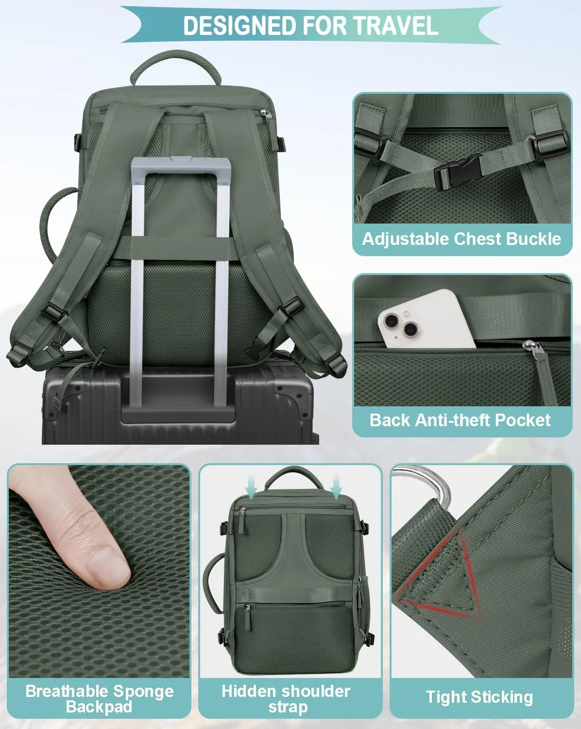 Large Travel Backpack, 40L Carry On Backpack Airline Approved, 17 inch Laptop Backpack,Waterproof Outdoor Sports Backpack, Hiking Backpack(Olive green)