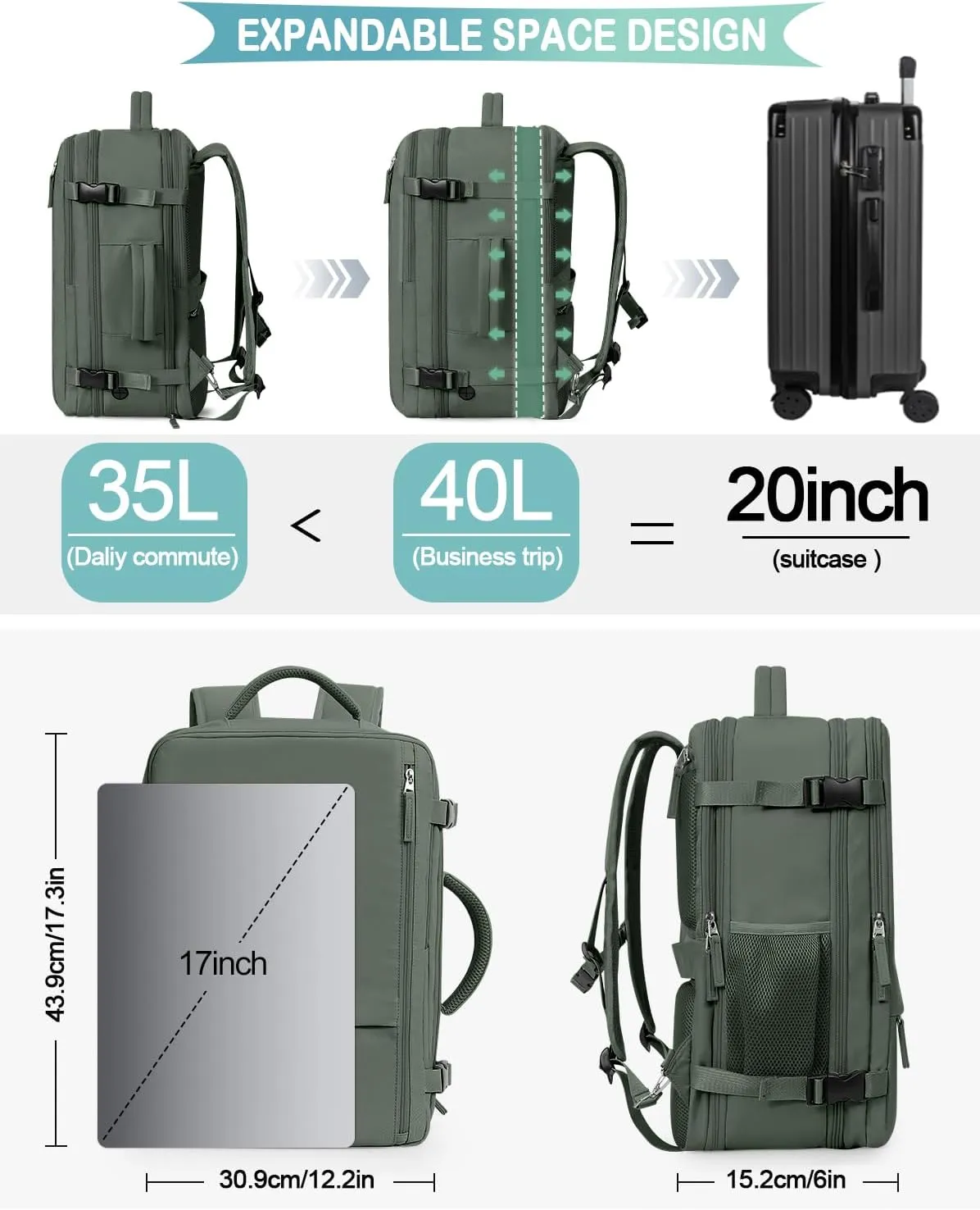Large Travel Backpack, 40L Carry On Backpack Airline Approved, 17 inch Laptop Backpack,Waterproof Outdoor Sports Backpack, Hiking Backpack(Olive green)