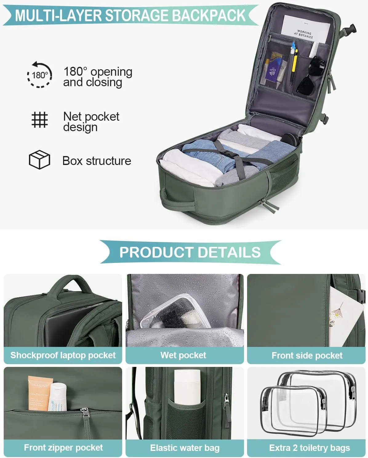Large Travel Backpack, 40L Carry On Backpack Airline Approved, 17 inch Laptop Backpack,Waterproof Outdoor Sports Backpack, Hiking Backpack(Olive green)