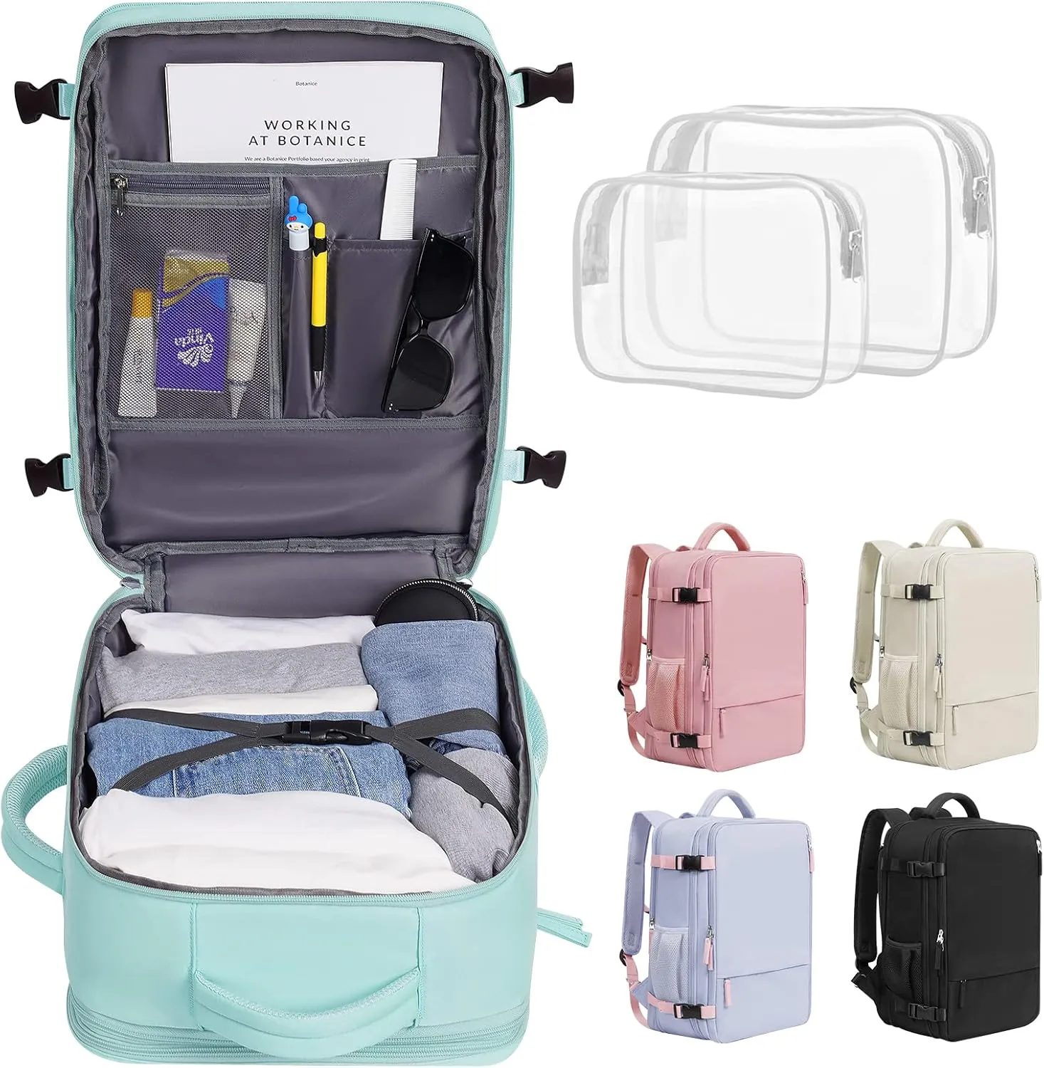 Large Travel Backpack, Carry On Backpack Airline Approved, 17inch Laptop Backpack, Waterproof Hiking Backpack, Sports Gym Business Daypack, Weekender Bag (Blue-green)