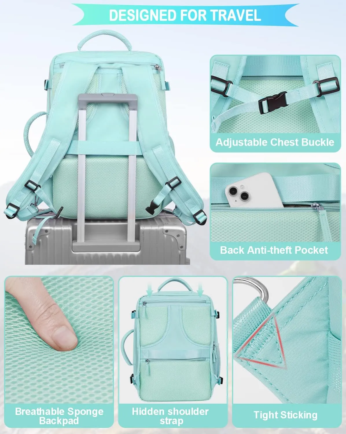 Large Travel Backpack, Carry On Backpack Airline Approved, 17inch Laptop Backpack, Waterproof Hiking Backpack, Sports Gym Business Daypack, Weekender Bag (Blue-green)
