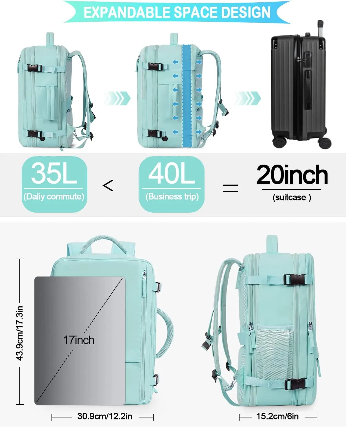 Large Travel Backpack, Carry On Backpack Airline Approved, 17inch Laptop Backpack, Waterproof Hiking Backpack, Sports Gym Business Daypack, Weekender Bag (Blue-green)