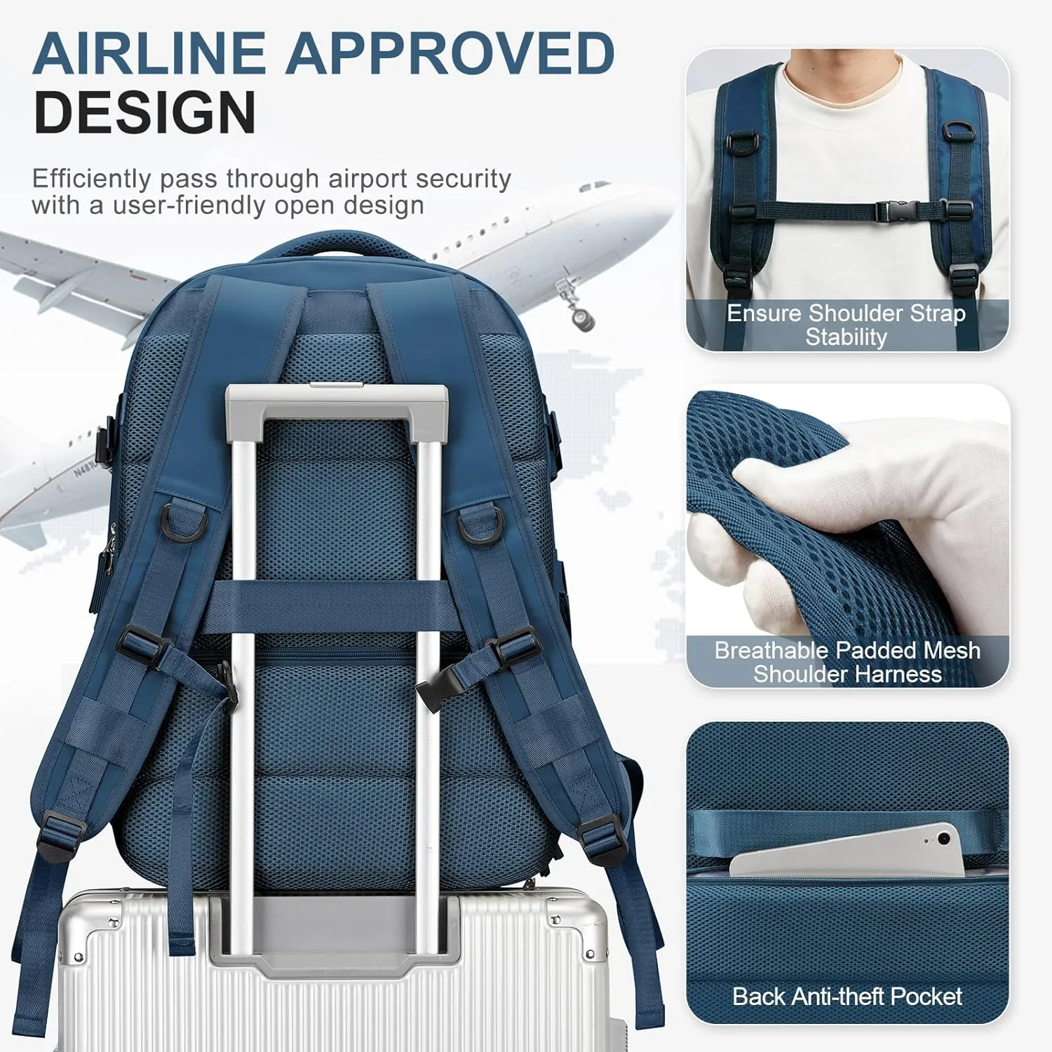 Large Travel Backpack for Women Mens 17 Inch Laptop Backpack, Waterproof Backpack Carry On Flight Approved with Shoe Compartment and USB Charging Port for Traveling, Hiking, Work, Blue