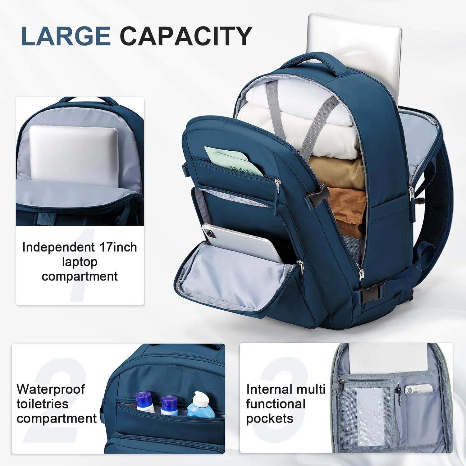 Large Travel Backpack for Women Mens 17 Inch Laptop Backpack, Waterproof Backpack Carry On Flight Approved with Shoe Compartment and USB Charging Port for Traveling, Hiking, Work, Blue